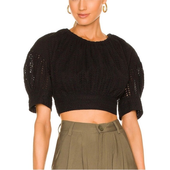 A.L.C. Tops - ALC Becca Eyelet Puff Sleeve Black Cut Out Back Crop Top 0